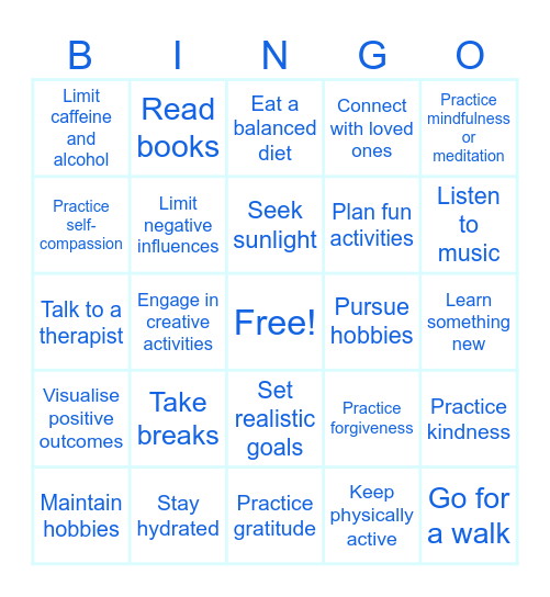 Mental Wellbeing Bingo Card