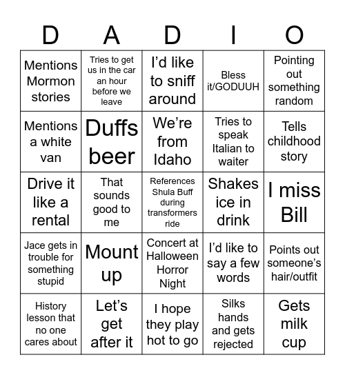 Shane’s Phrases Bingo Card