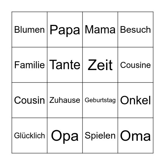 Familie Bingo Card