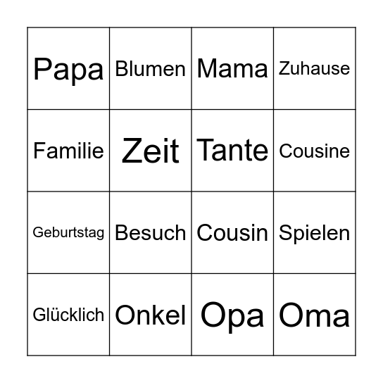 Familie Bingo Card