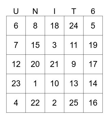 Vocabulary Bingo Card