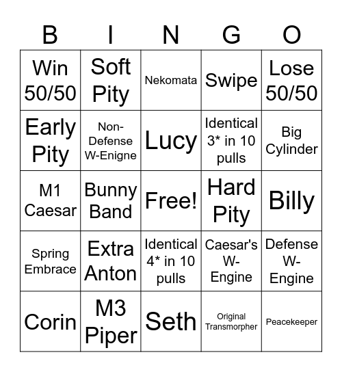 Caesar Bingo Card