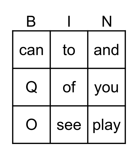 Heart Words Bingo Card