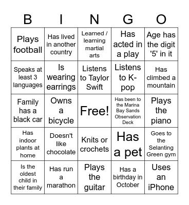 SELANTING GREEN BINGO Find one person who matches the description in each of the squares. Complete 5 squares in a row to WIN! Bingo Card