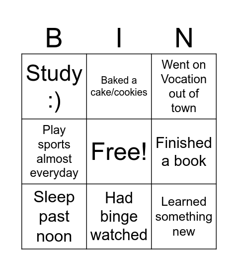 Welcome Back from The Break Bingo Card