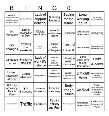Stressor BINGO Card