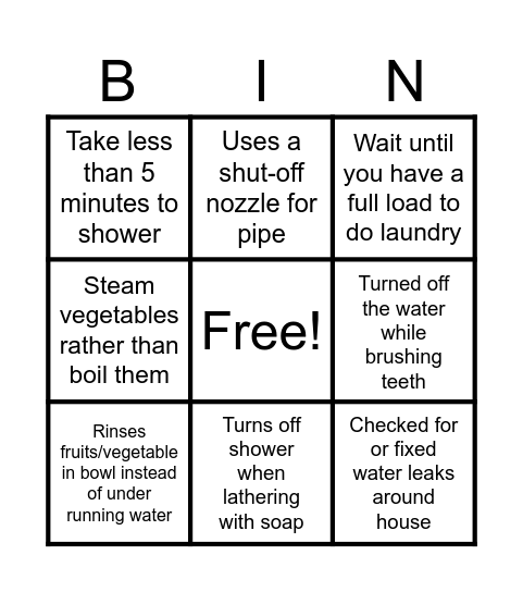 Water Conservation Bingo Card