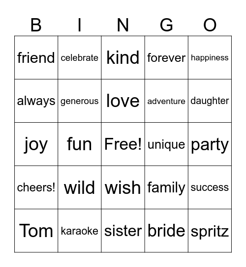 Wedding Speech Bingo Card