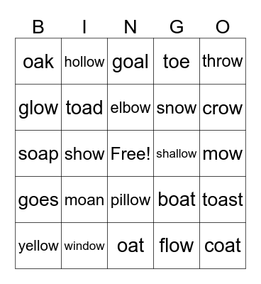 oa, ow, oe Bingo Card