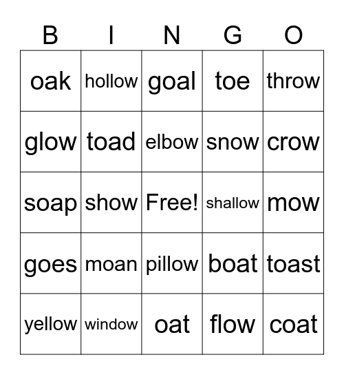 oa, ow, oe Bingo Card