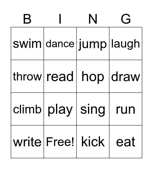 Verb Bingo Card