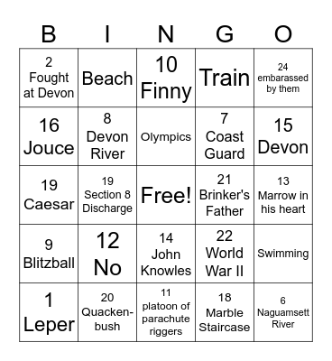 A Separate Peace Bingo Card