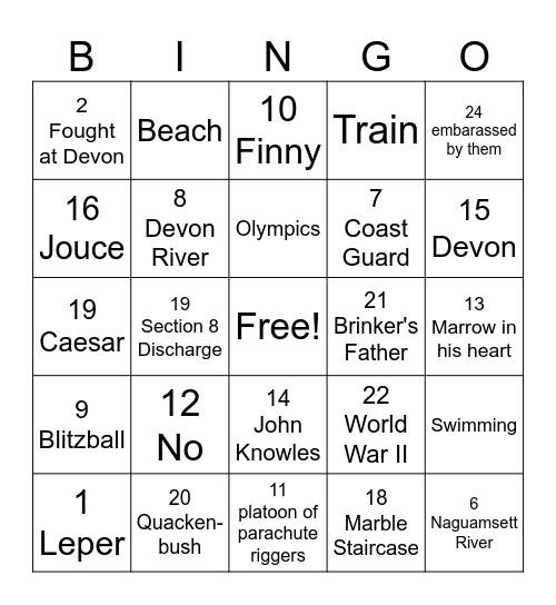 A Separate Peace Bingo Card