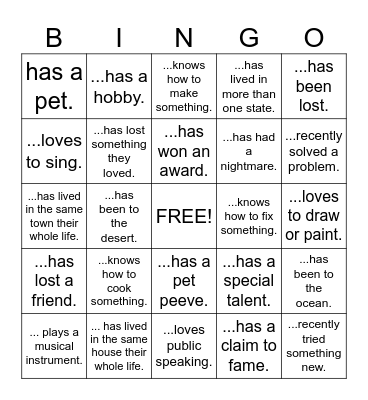 Meeting People Bingo Card