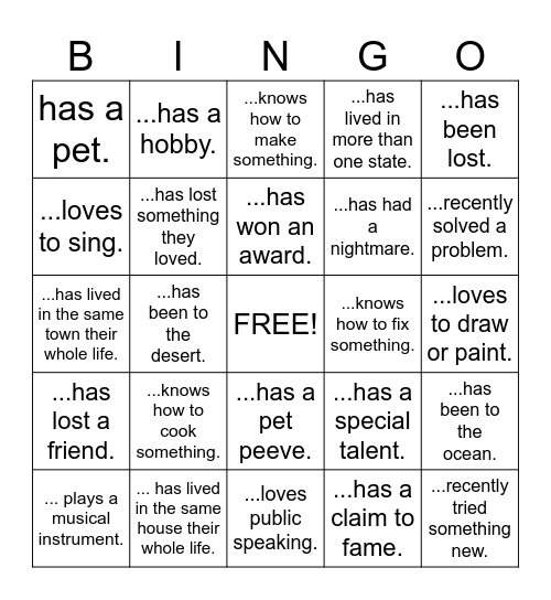 Meeting People Bingo Card