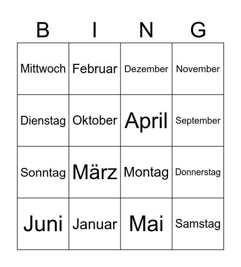 Monate Tage Bingo Card