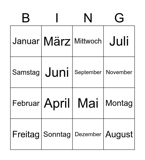 Jours et mois Bingo Card