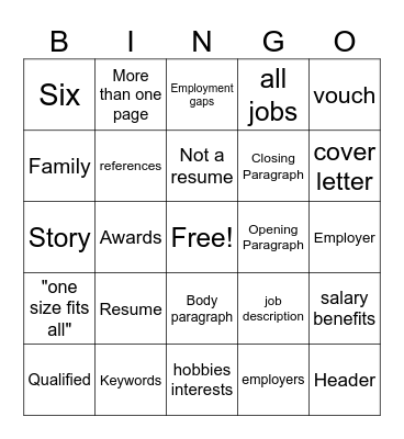 Cover Letter Bingo Card