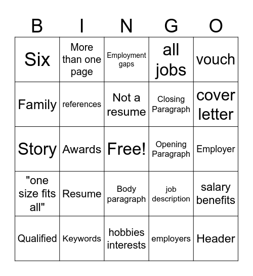 Cover Letter Bingo Card