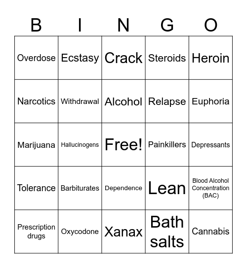 Drugs and Alcohol Bingo Card