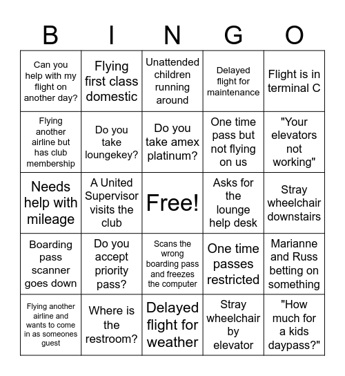 United Club Bingo Card