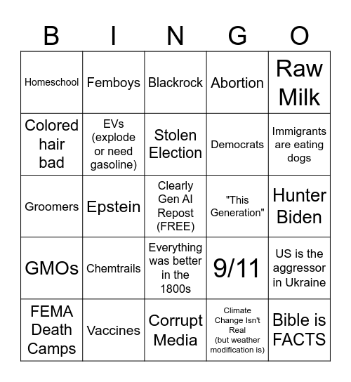 Tinfoil Rally Friends Bingo Card