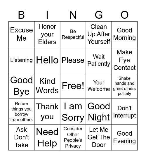 Manners Bingo Card