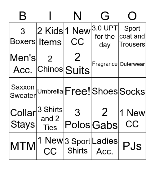 Brooks Brothers Bingo Card