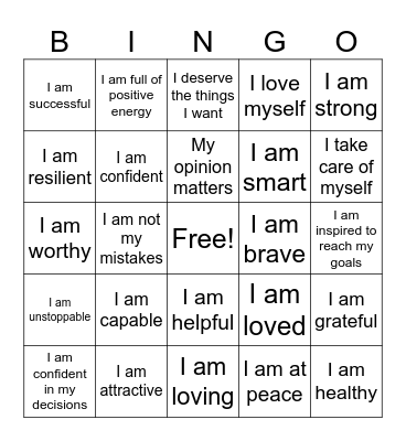Positive Affirmations Bingo Card