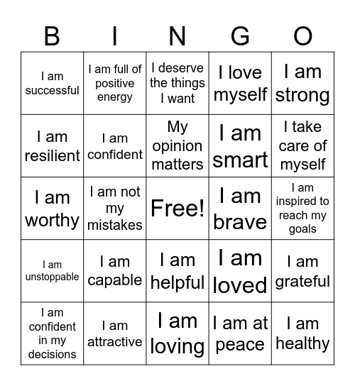 Positive Affirmations Bingo Card