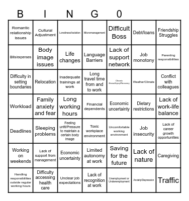 Stressor BINGO Card