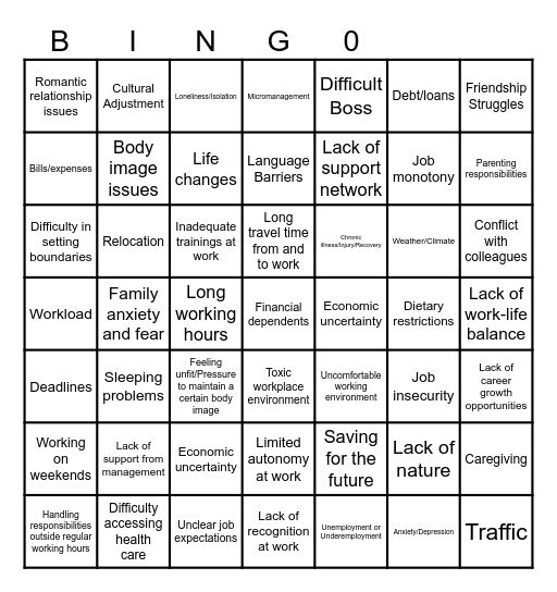 Stressor BINGO Card