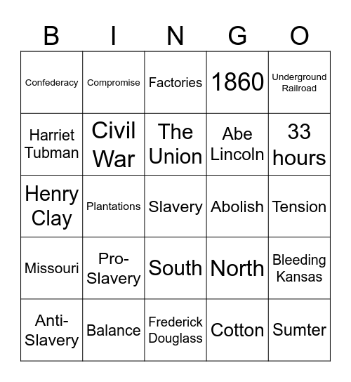 Pre-Civil War BINGO Card