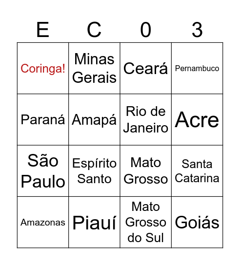 Estados Brasileiros Bingo Card