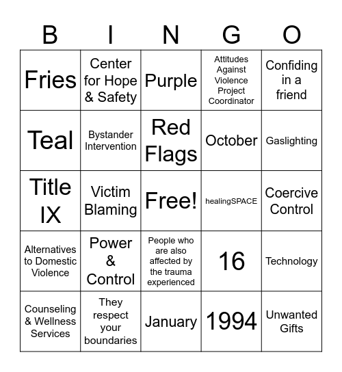 VAWA Bingo Card