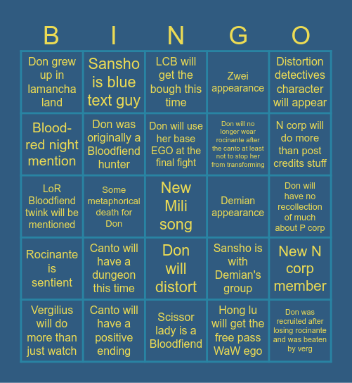 Canto 7 predictions Bingo Card