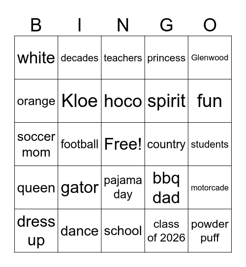 HOCO 2024 Bingo Card