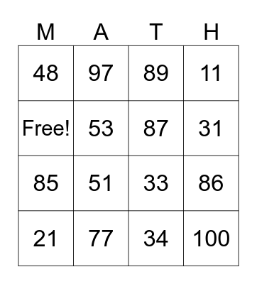 Addition and Subtraction Bingo Card