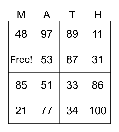 Addition and Subtraction Bingo Card