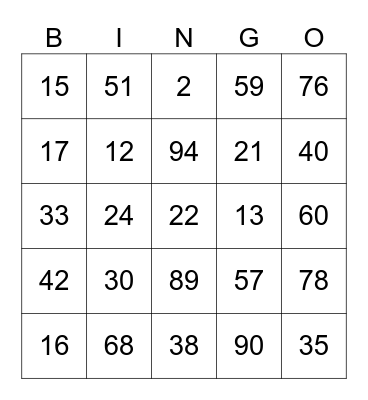 los numeros 0-100 Bingo Card