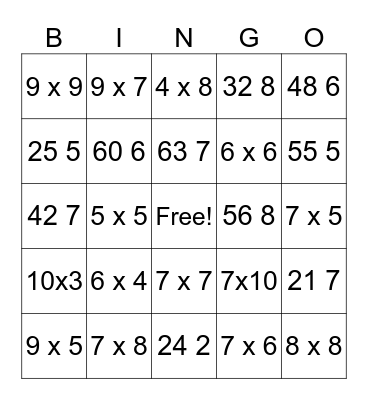 Multiplication and Division Bingo Card