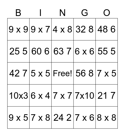 Multiplication and Division Bingo Card