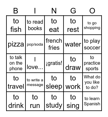 Unit 2: GUSTAR + Activities + Foods/Drinks Bingo Card