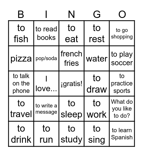 Unit 2: GUSTAR + Activities + Foods/Drinks Bingo Card