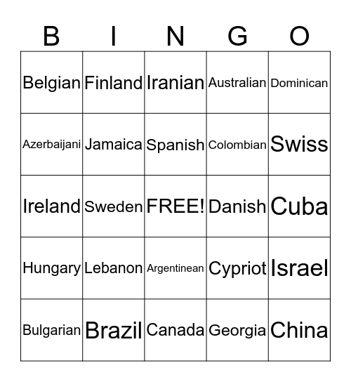 COUNTRIES & NATIONALITIES Bingo Card