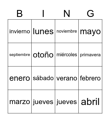 Los dias,estaciones,meses Bingo Card