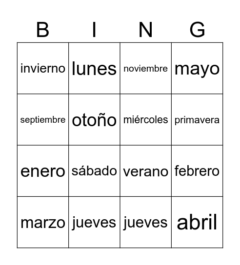 Los dias,estaciones,meses Bingo Card