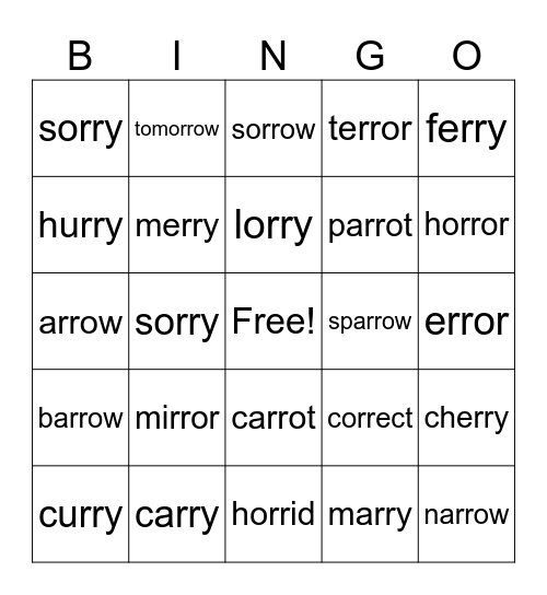 Vowel - rr Bingo Card