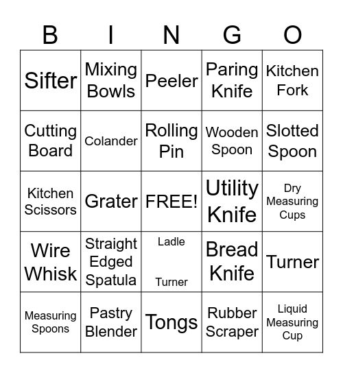 Kitchen Tools Bingo Card