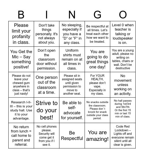 Classroom Expectation Bingo Card